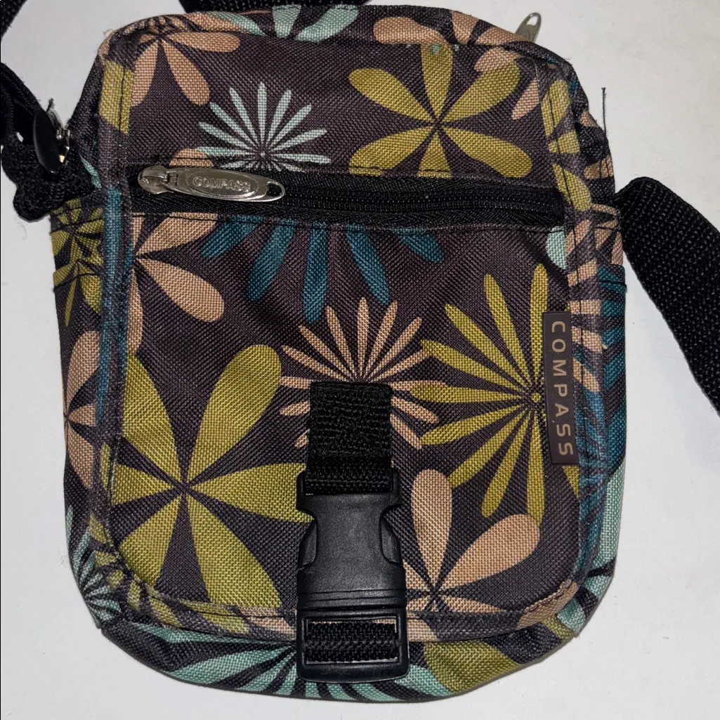 COMPASS CANVAS / NYLON CROSSBODY BAG BROWN GOLD BLUE FLORAL DESIGN MANY POCKETS - Image 4