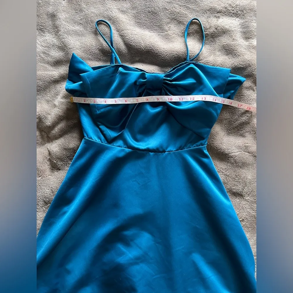 THIRTY THIRTY Blue Satin Sleeveless Mini Dress Bow Tuft Women’s Sz XS NWT - Image 6