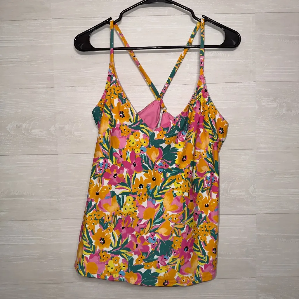 Anne Cole Tankini Swim Top XXL Floral Print Yellow Pink Cross Back Adjustable - Image 2
