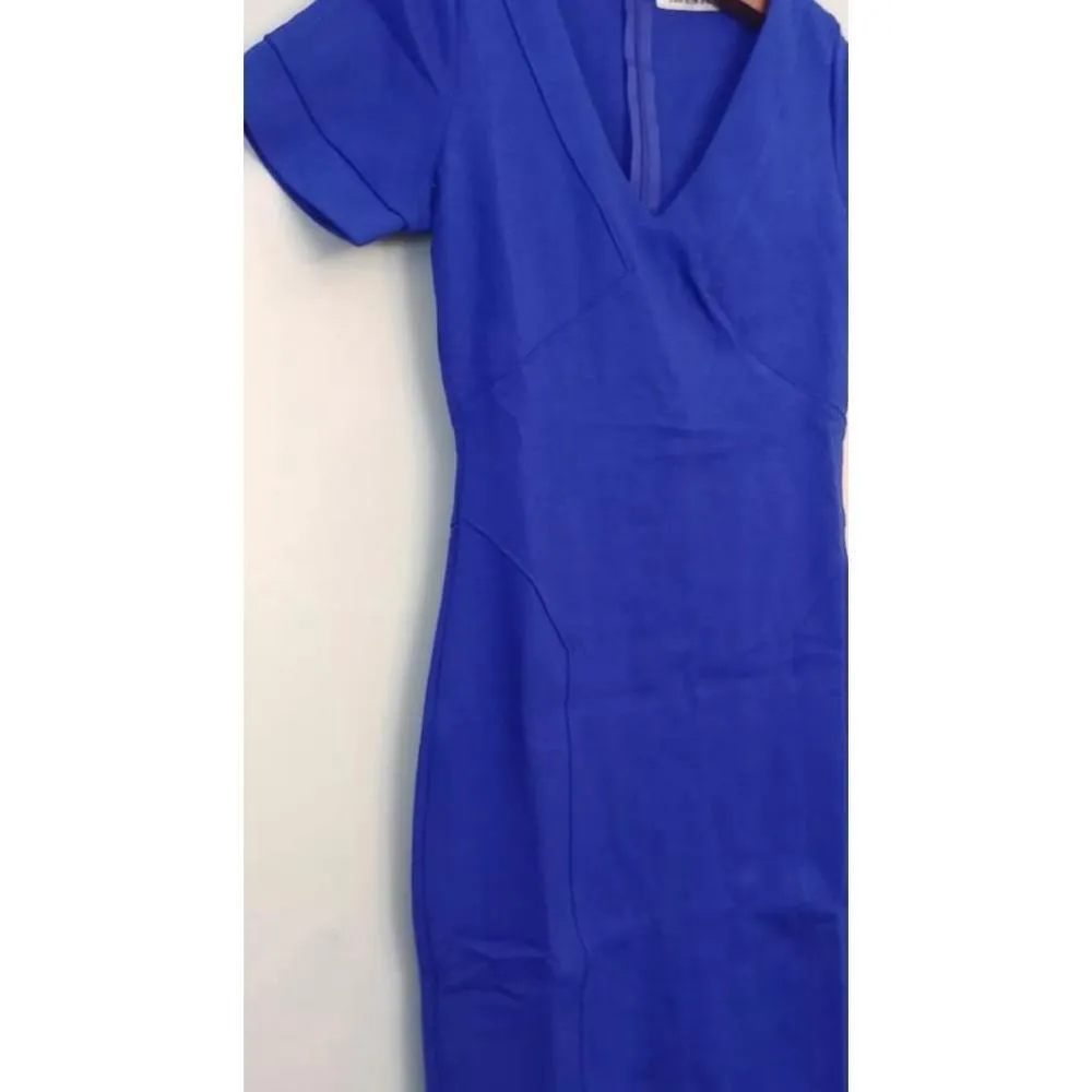 NEW ModCloth Mystic Royal Blue V-Neck Short Sleeves with Slits Sheath Dress S - Image 4