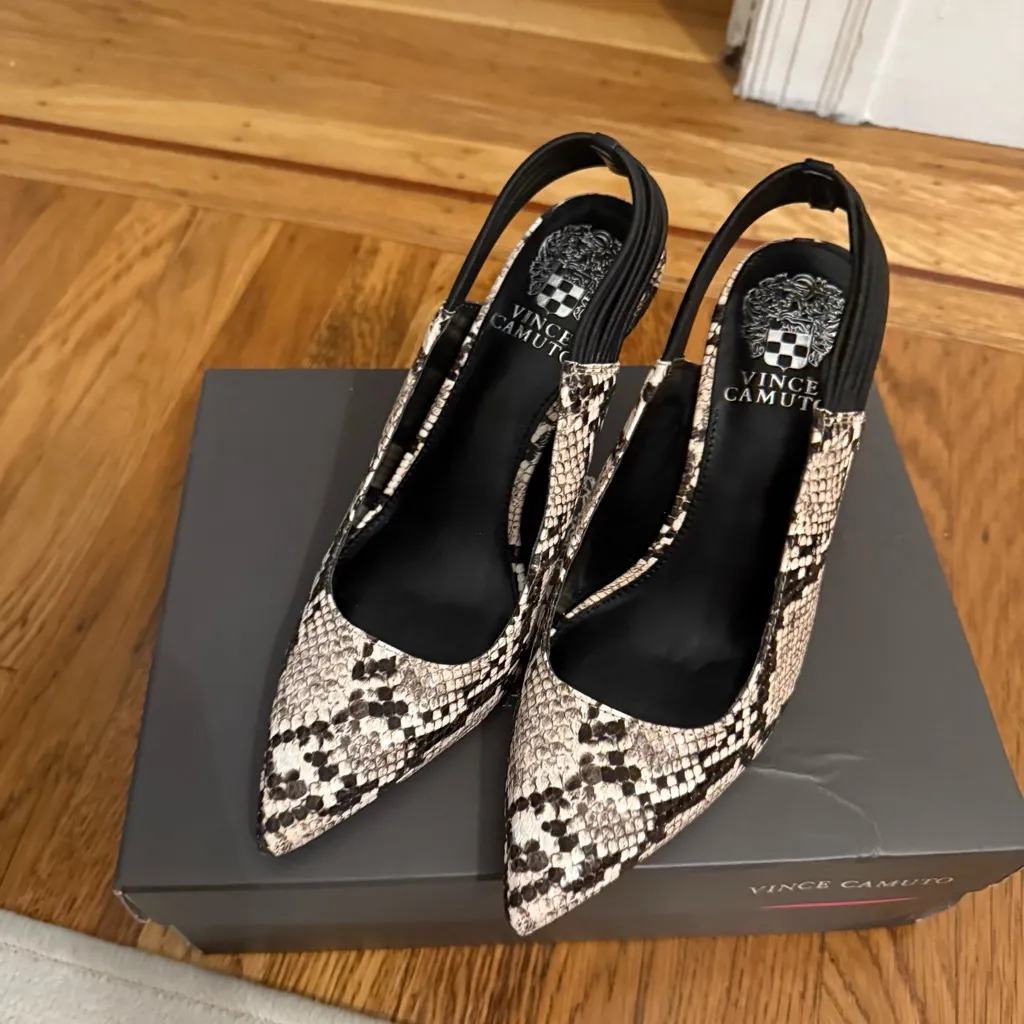 Vince Camuto Delia Black & Cream Snake Print Women's Pointy Toe Slingback Heels - Image 2