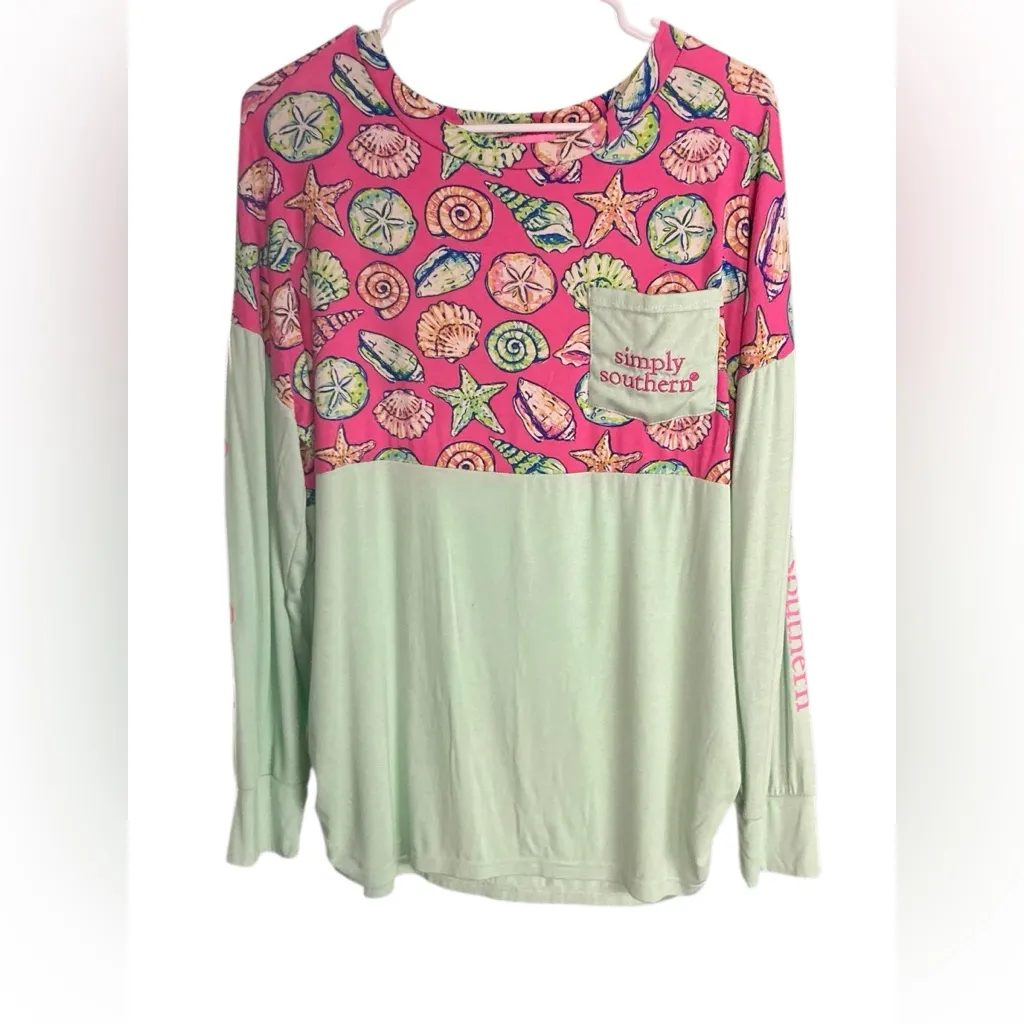 Simply Southern Seashell Print Long Sleeve Shirt - Pink and Mint - Image 2