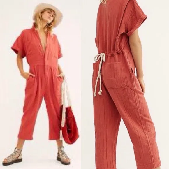 Slouchy Jumpsuit Cotton Red Woven Size S New w/Tag - Image 2