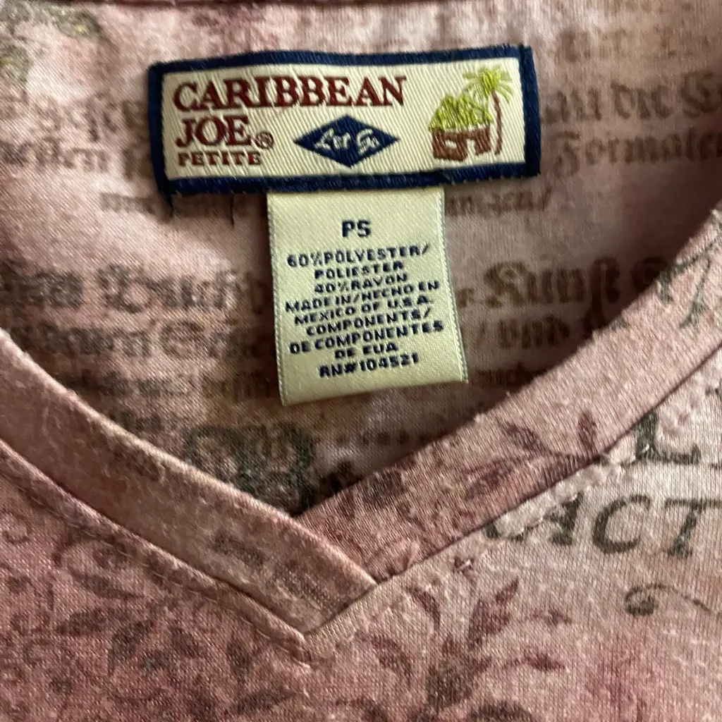 Caribbean Joe Womens Shirt Top PS S Petite Small Pink Print Renaissance - Image 2