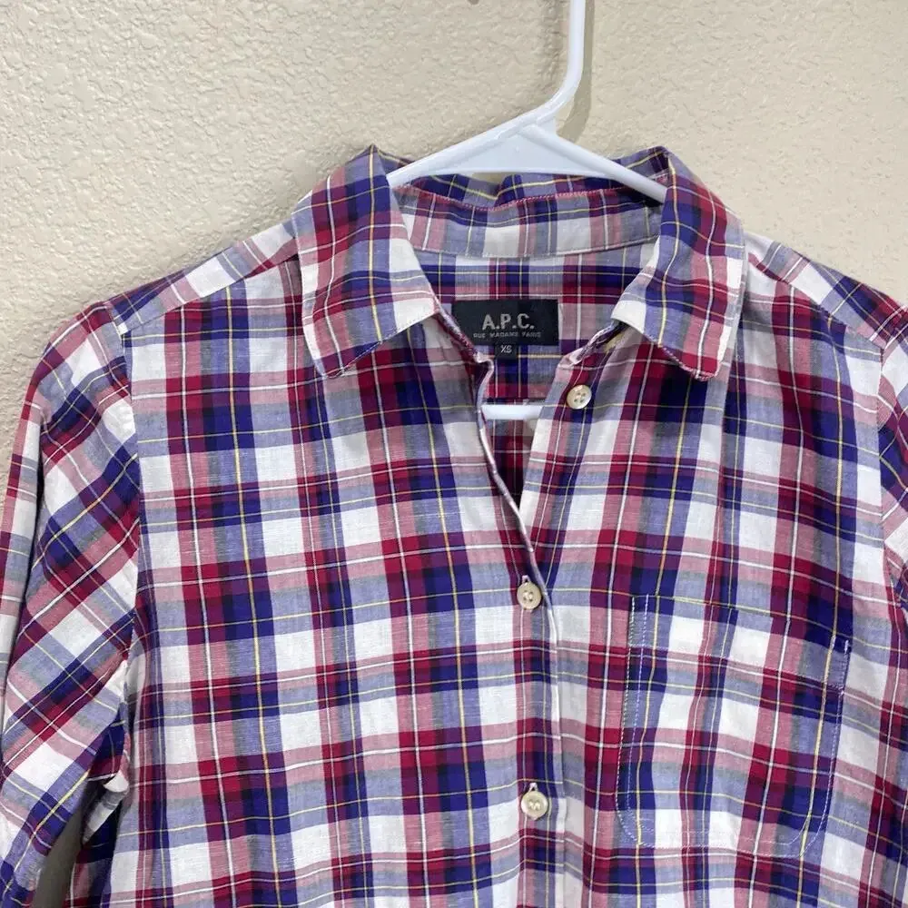 APC Rue Madame Paris Linen Cotton Button Down Shirt Women's XS Plaid Flannel Blue - Image 3