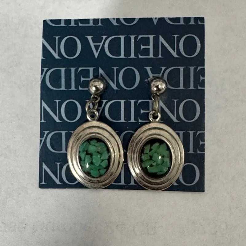 Vintage dangle silver tone earrings turquoise like inlay western NFR rodeo - Image 2