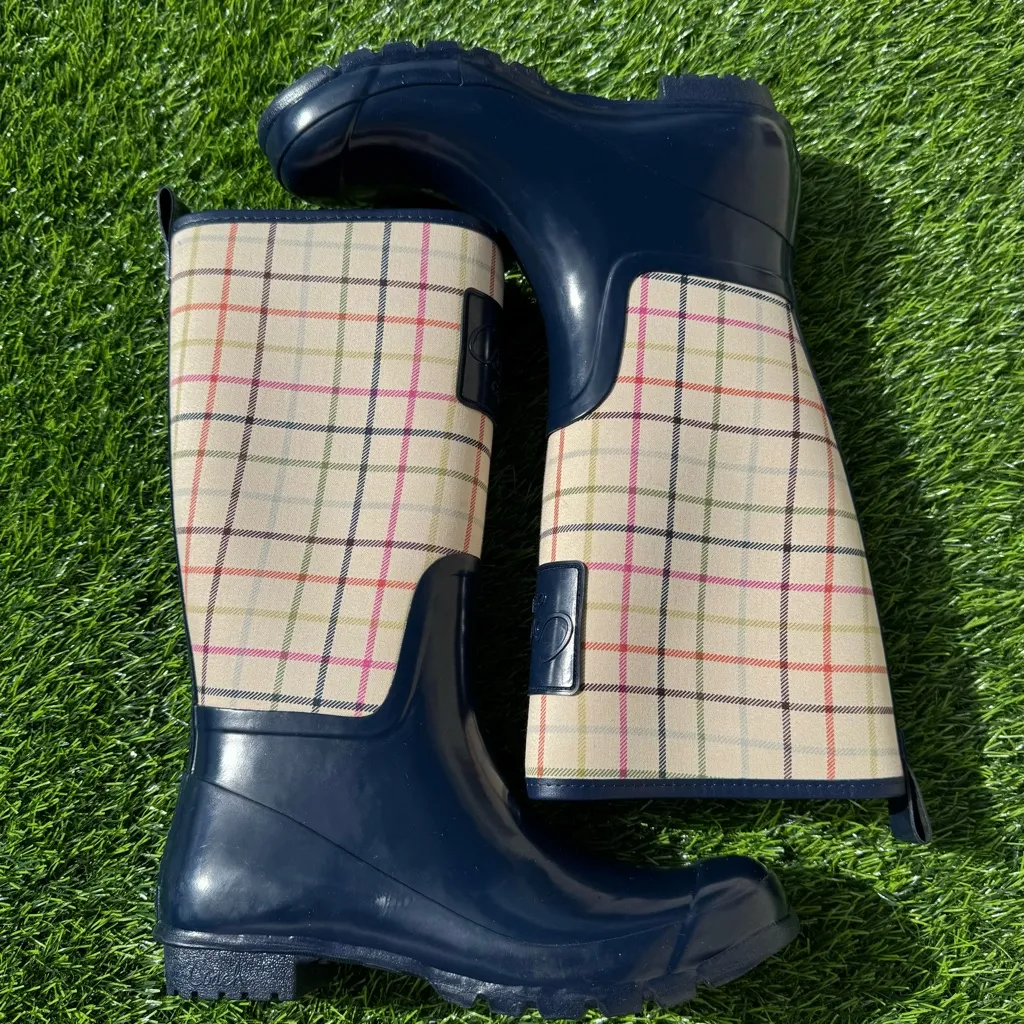Coach Perl Navy Plaid Pattern Rain Boots for Women Size 8B - Image 8