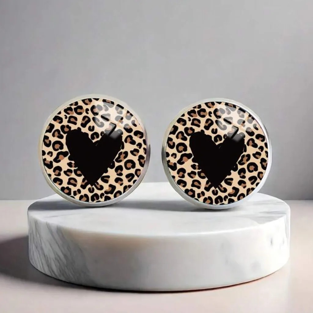 Leopard Print Heart Earrings Brown - Image 2