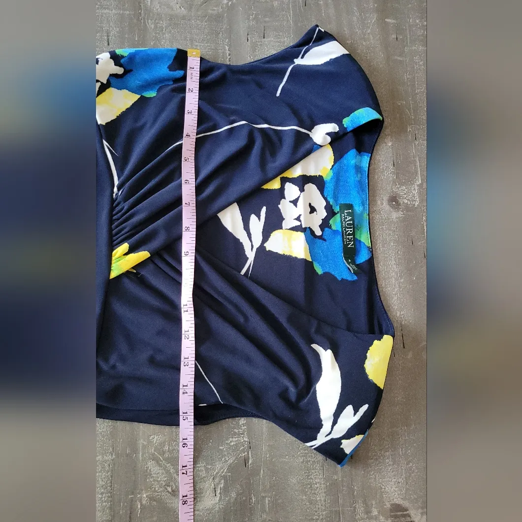 Ralph Lauren Navy Blue Floral Print‎ Jersey Ruched Dress Size 4 - Image 8