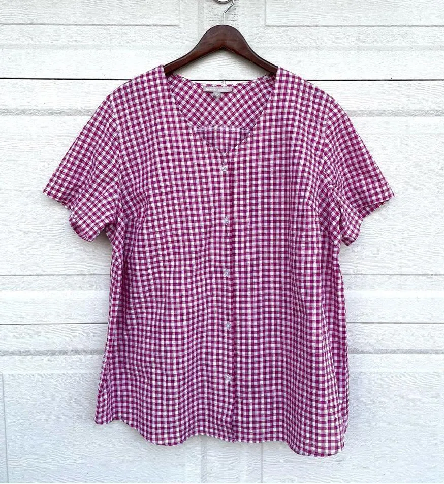 Woman Within Womens Shirt Blouse Pink White Plaid Short Sleeve Button Up Plus 1X - Image 2