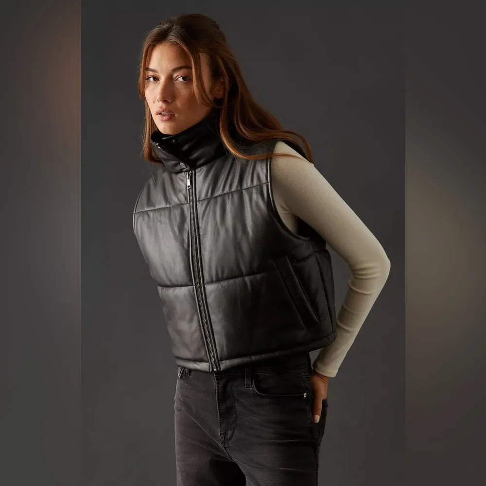Anthropologie Vegan Leather High Neck Puffer Vest Sz Medium Black Gilet Moto - Image 2
