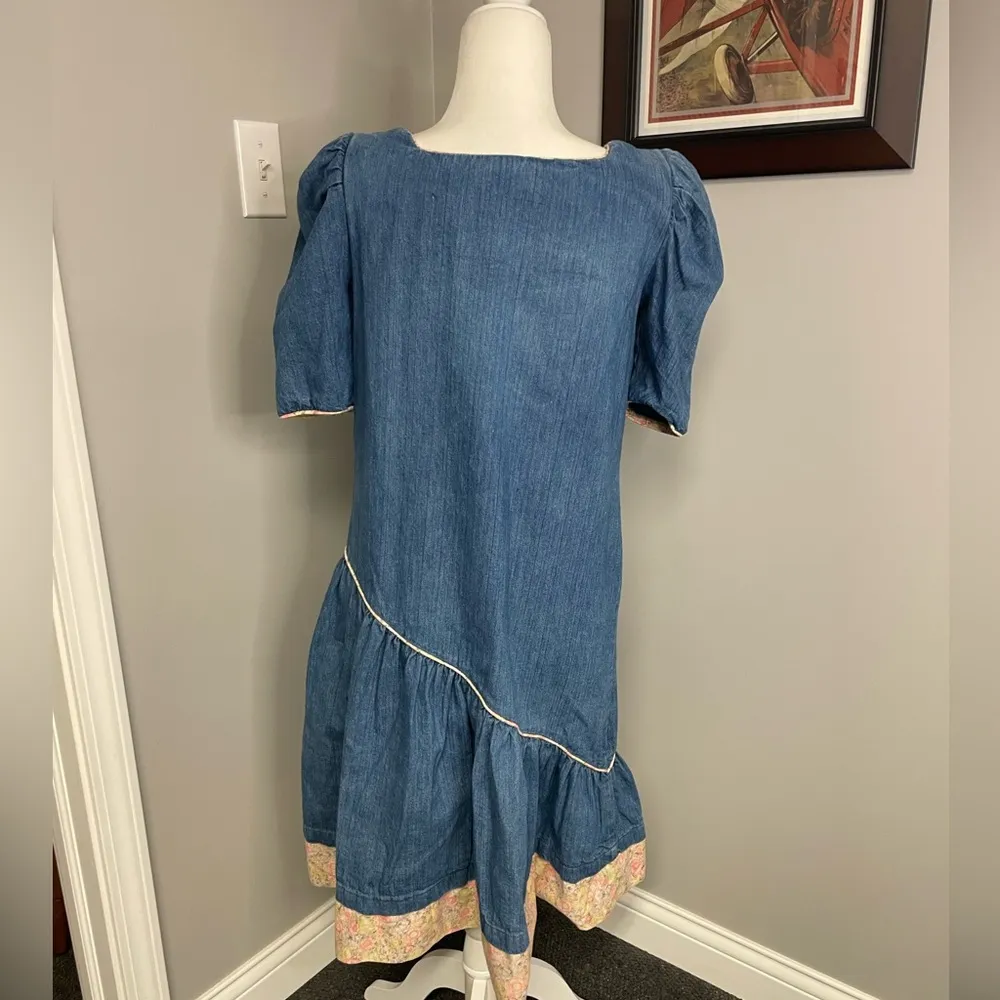 St Barth's Denim Ruffle Puff Sleeve Vintage Womens Dress Size 7/8 80s 90s Blue - Image 6