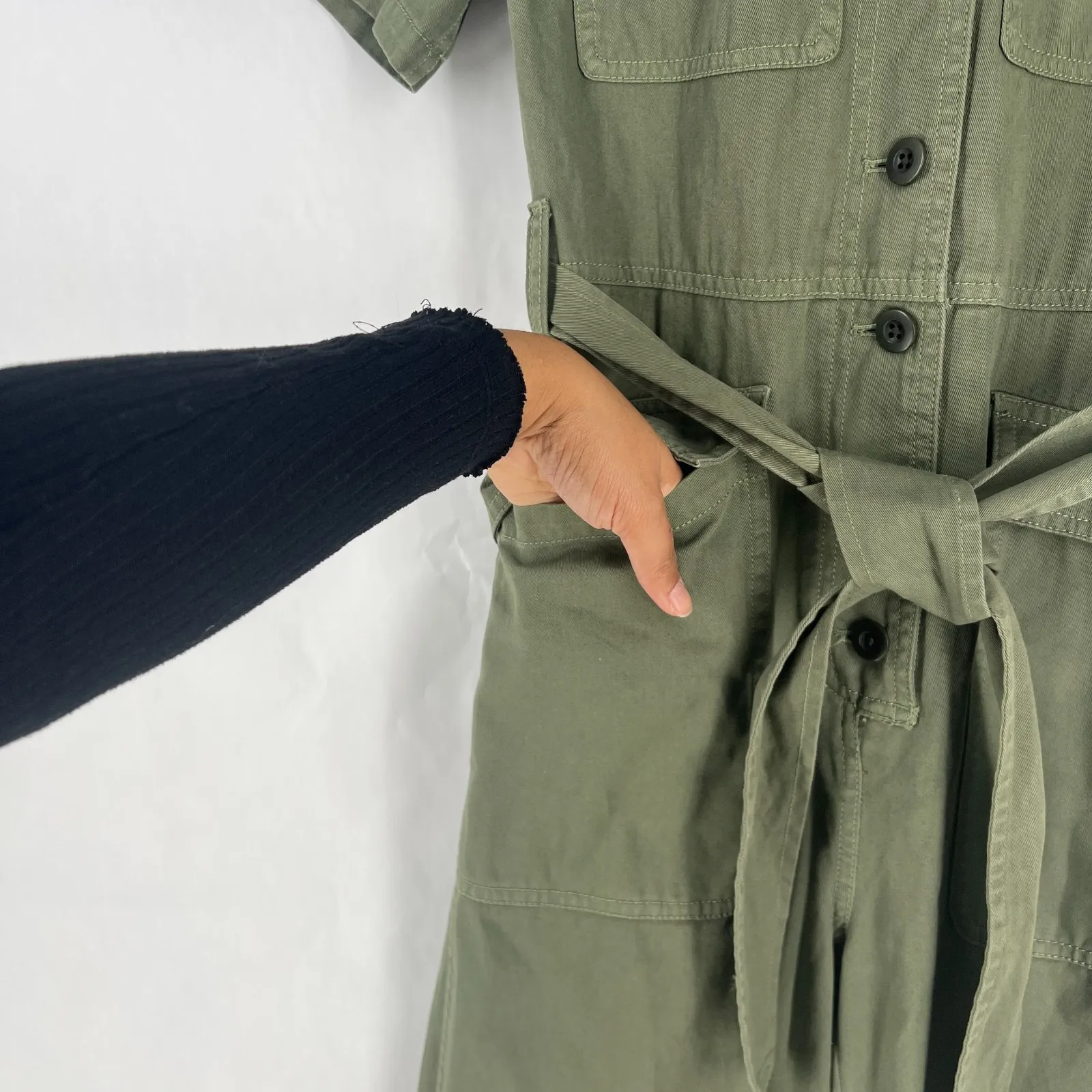 Madewell Military Jumpsuit Womens PS Green Twill Tie-Waist Short Sleeve Wide Leg - Image 4