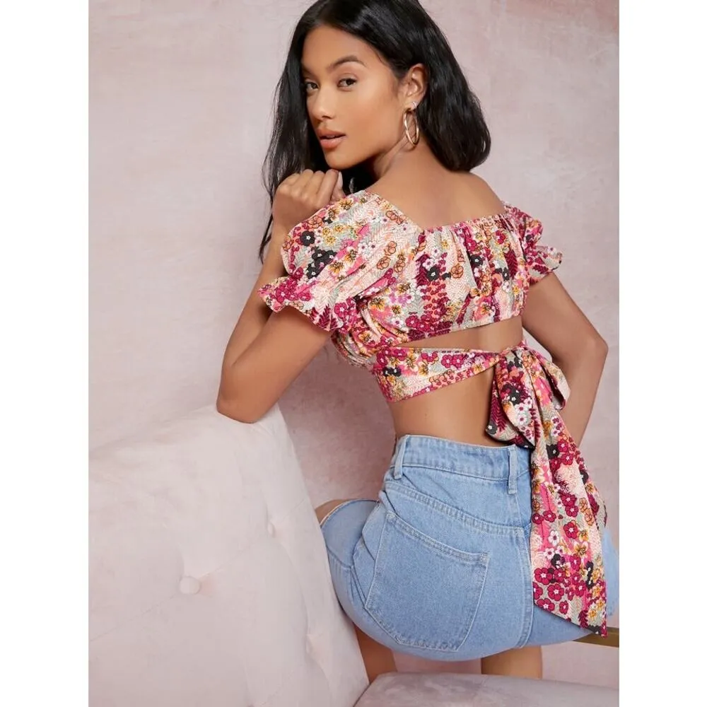 SHEIN Floral Print Vibrant Spring/ Summer Baby Doll  Tie Crop Top Women’s Size S - Image 2
