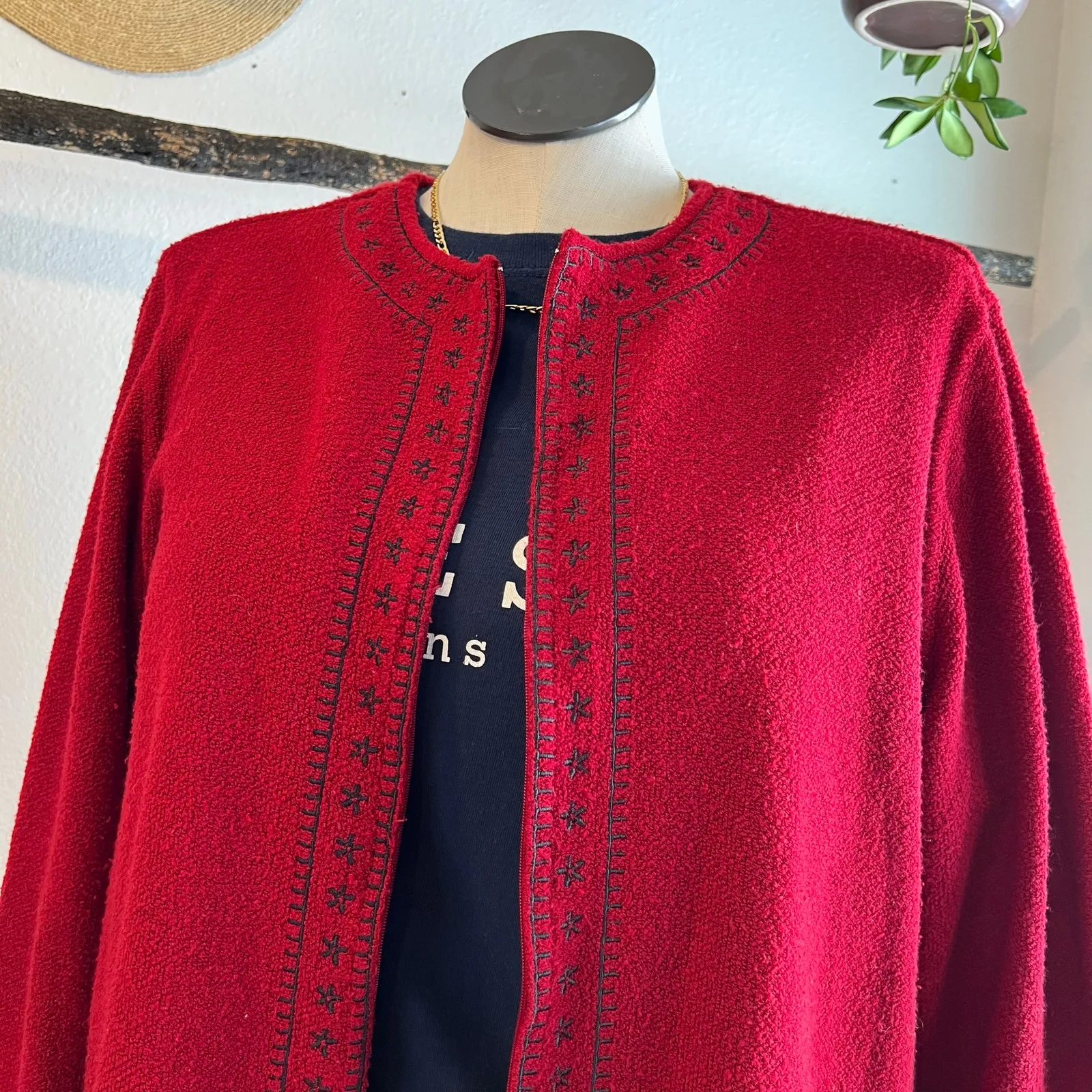 Vintage 90s Soft Red Zip Up Floral Embroidered Cardigan Sweater Size XL - Image 12