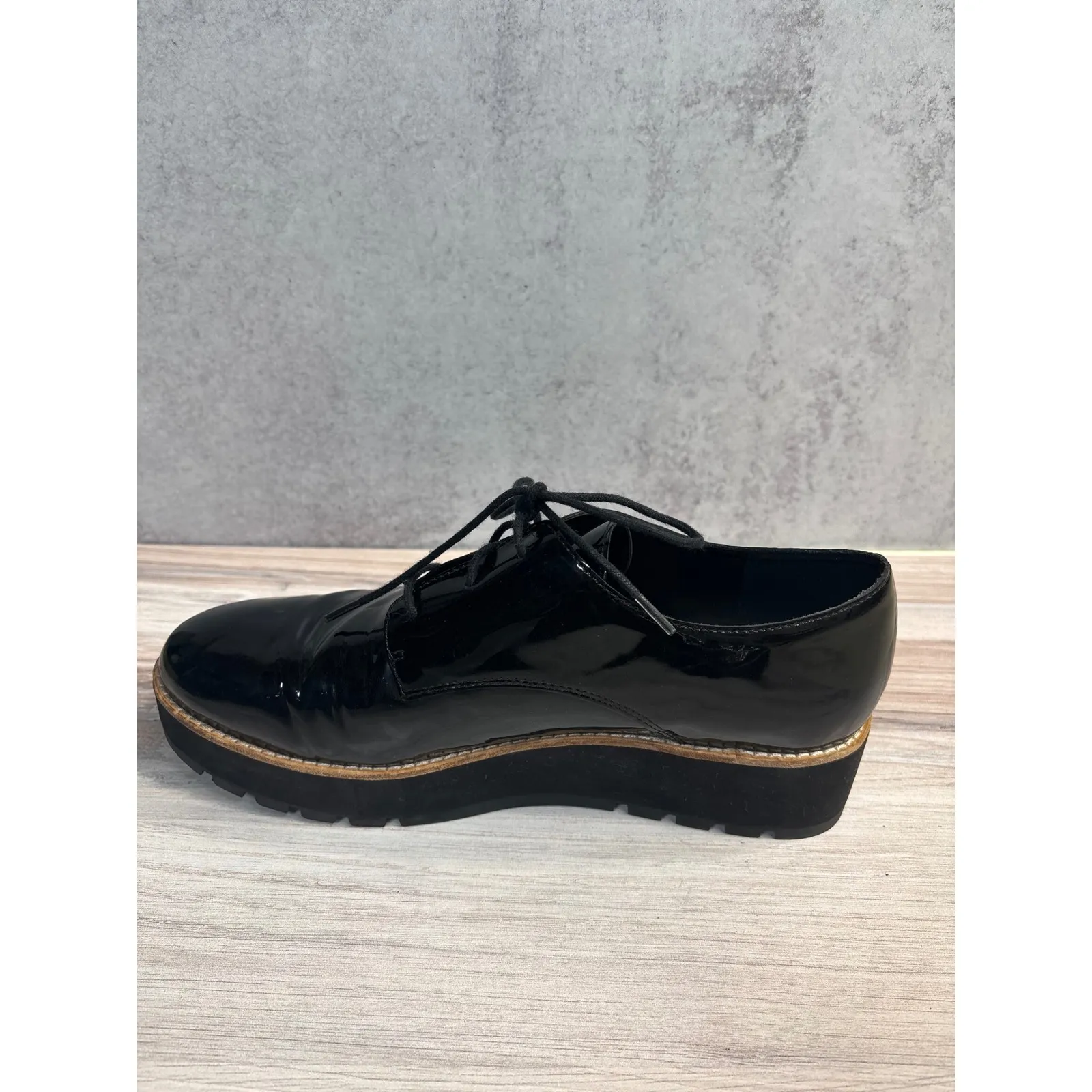Eileen Fisher Eddy Derby SZ 9 Black Patent Leather Lace Up Oxford Platform Shoes - Image 8