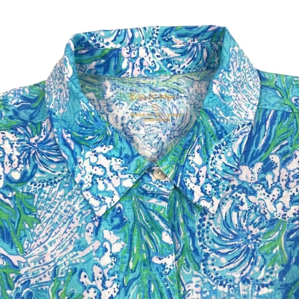 LILLY PULITZER Lagoon Linen Cover-Up Shirt Dress Women S Oversize Beach Resort - Image 9