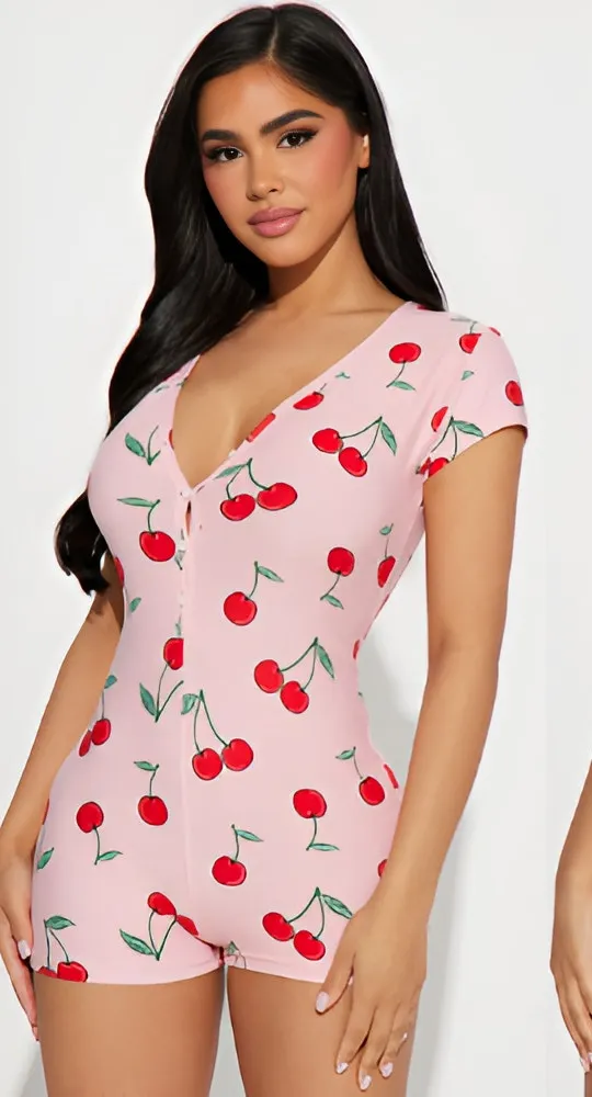 Not Tired Womens Sweet Cherry Sleep Lounge Pajama Peekaboo Romper Size M Pink Size M - Image 1