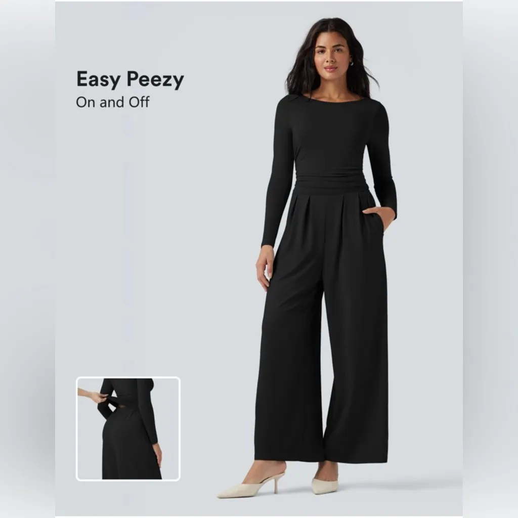 Halara Boat Neck Long Sleeve Wide Leg Jumpsuit with Pockets - Easy Peezy Edition - Image 2