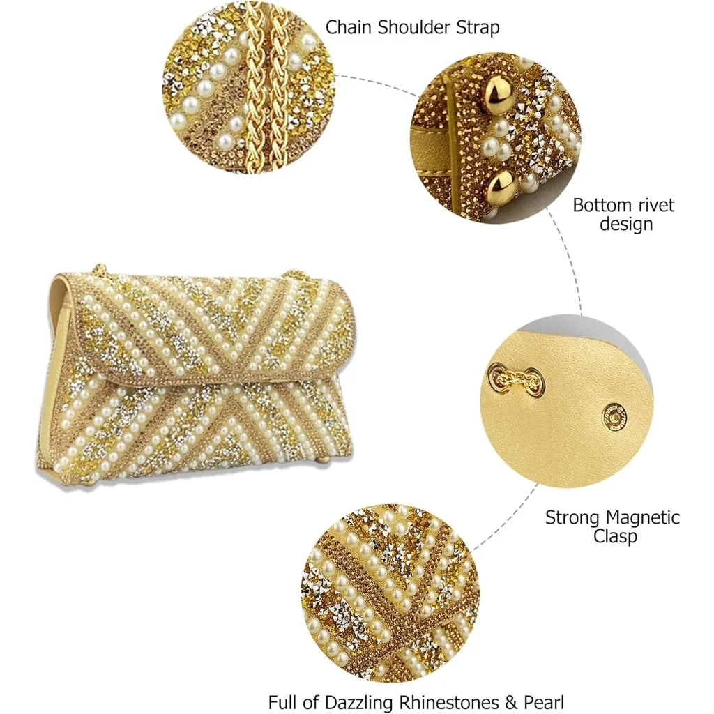 ⚡ Women's Rhinestones Chain Shoulder Sparkly Cocktail Gold Clutch Party Prom Bag - Image 3