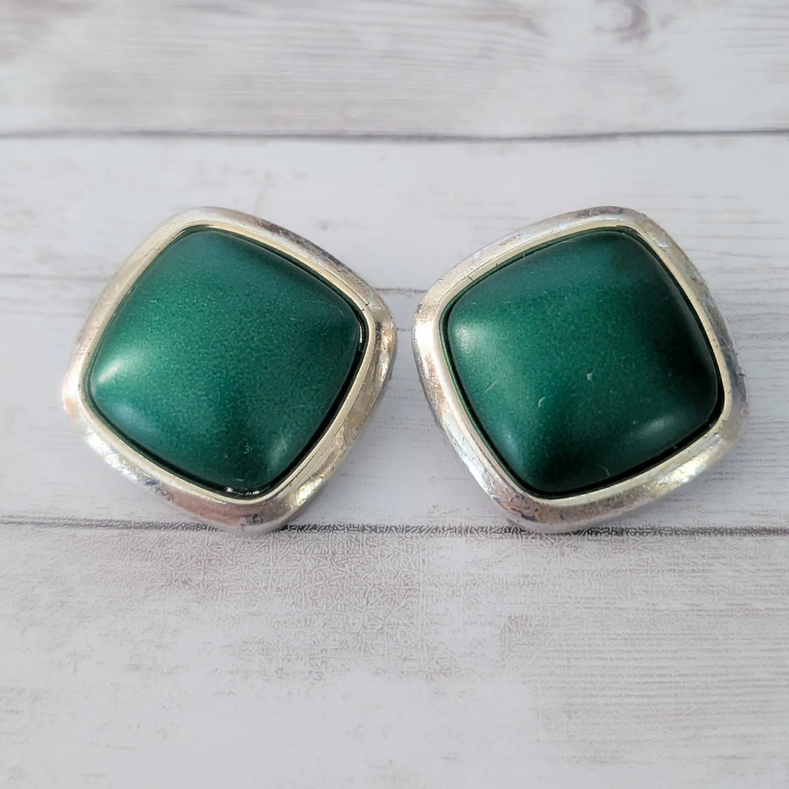 Vintage Clip On Earrings Very Large Green & Gold Tone - Image 2