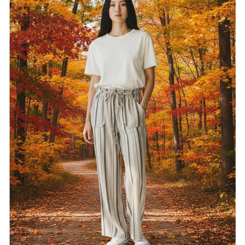 Rewash Brand Women's SZ S Linen Blend Pants Striped Beige Brown Straight Leg - Image 2