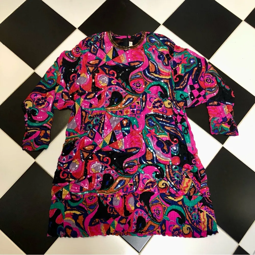 Vintage 60s Judith Ann Creations Beaded Silk Colorful Kaftan Mini Dress Magenta - Image 5