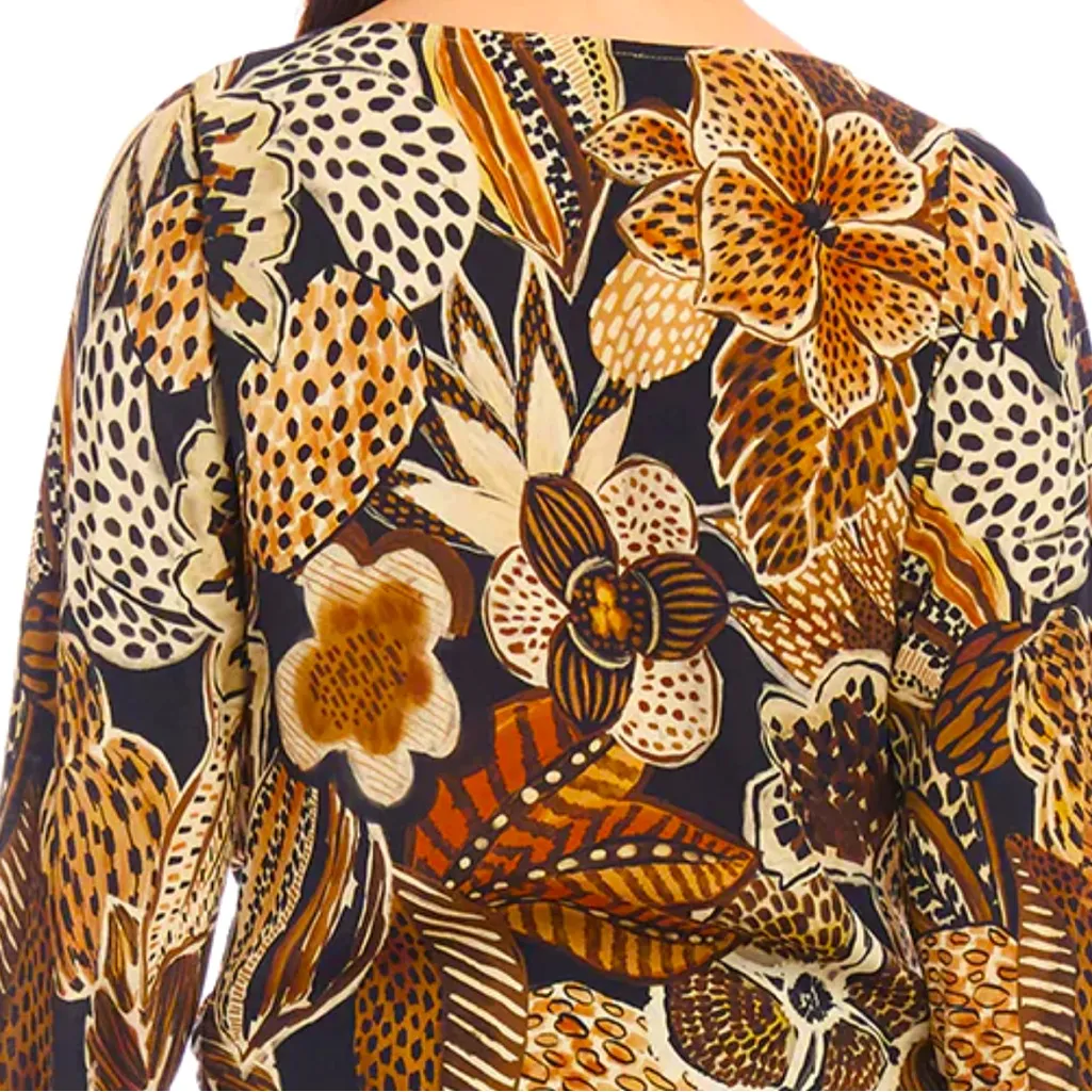 Karen Kane boat neck Brown and yellow 💯 viscose Bishop Sleeve Blouse. Size M.NWT - Image 4