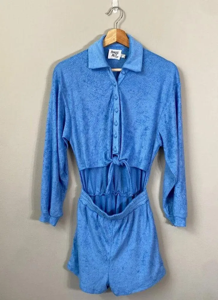 Princess Polly Long Sleeve Collared Terrycloth Romper Women's 2 Blue Beach Swim - Image 5