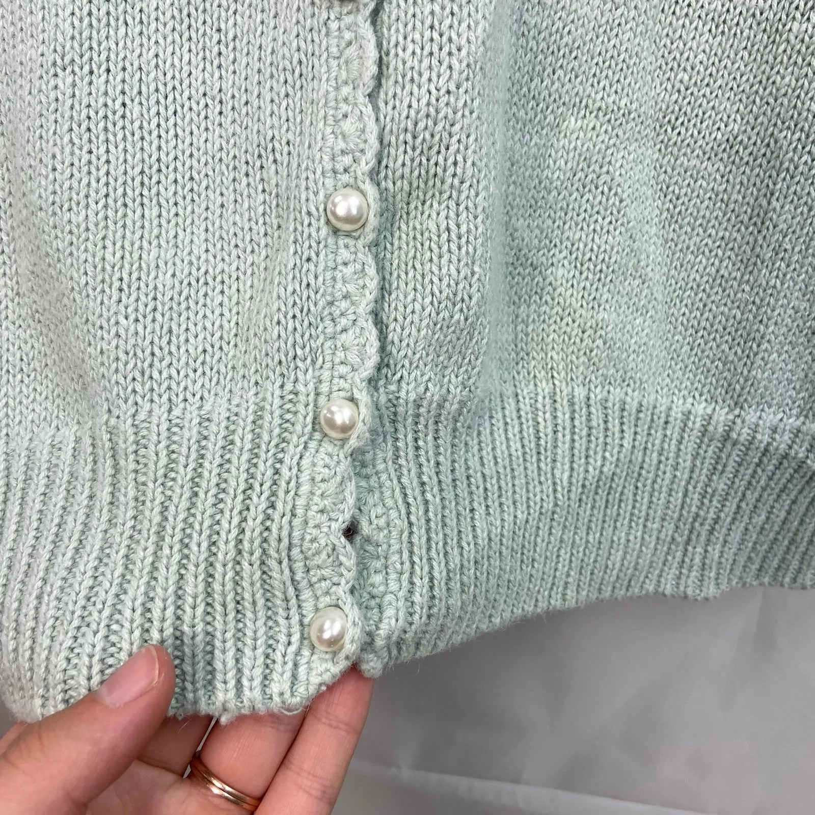 Vintage Margules women's mint green‎ pearl button crocheted cardigan sweater S - Image 5