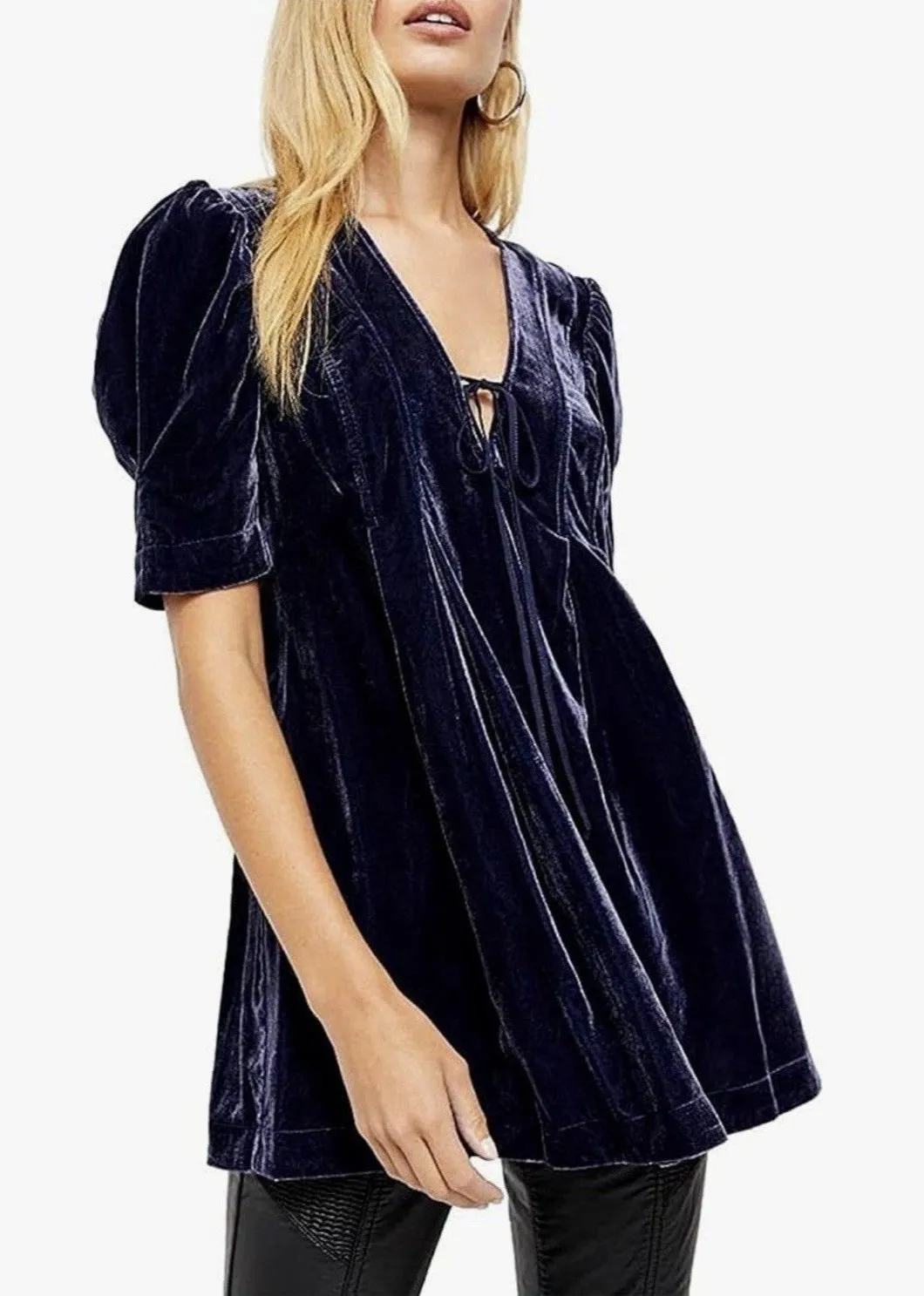 Free People Purple Velvet Mini Dress Top Lace Up V-Neck Puff Sleeve Size M  Blue Size M - $62 - From Nidia