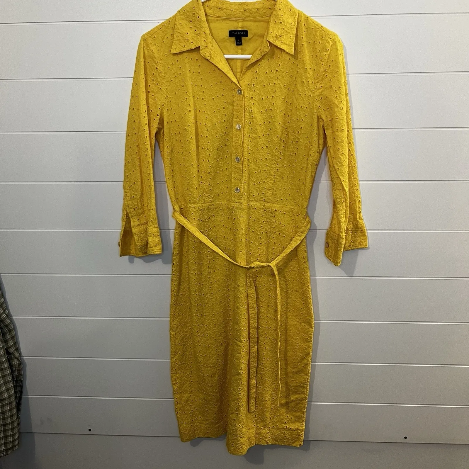 TALBOTS Yellow Embroidered Eyelet Cotton Shirt Waist Belted Dress Size 6 - Image 14