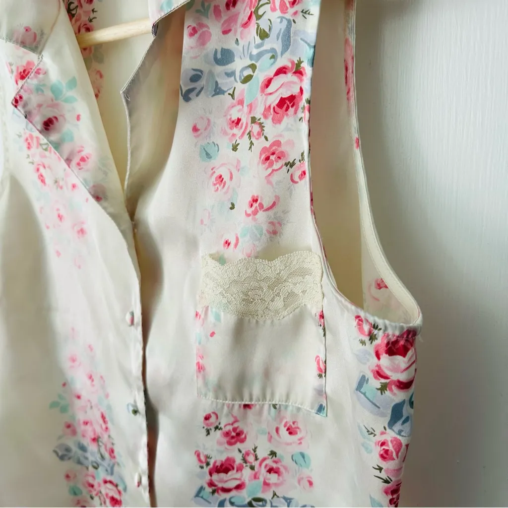 Vintage Pink K Floral Button Up Satin Sleeveless Top Cream Pink Lace FLAW Size M Size M - Image 3