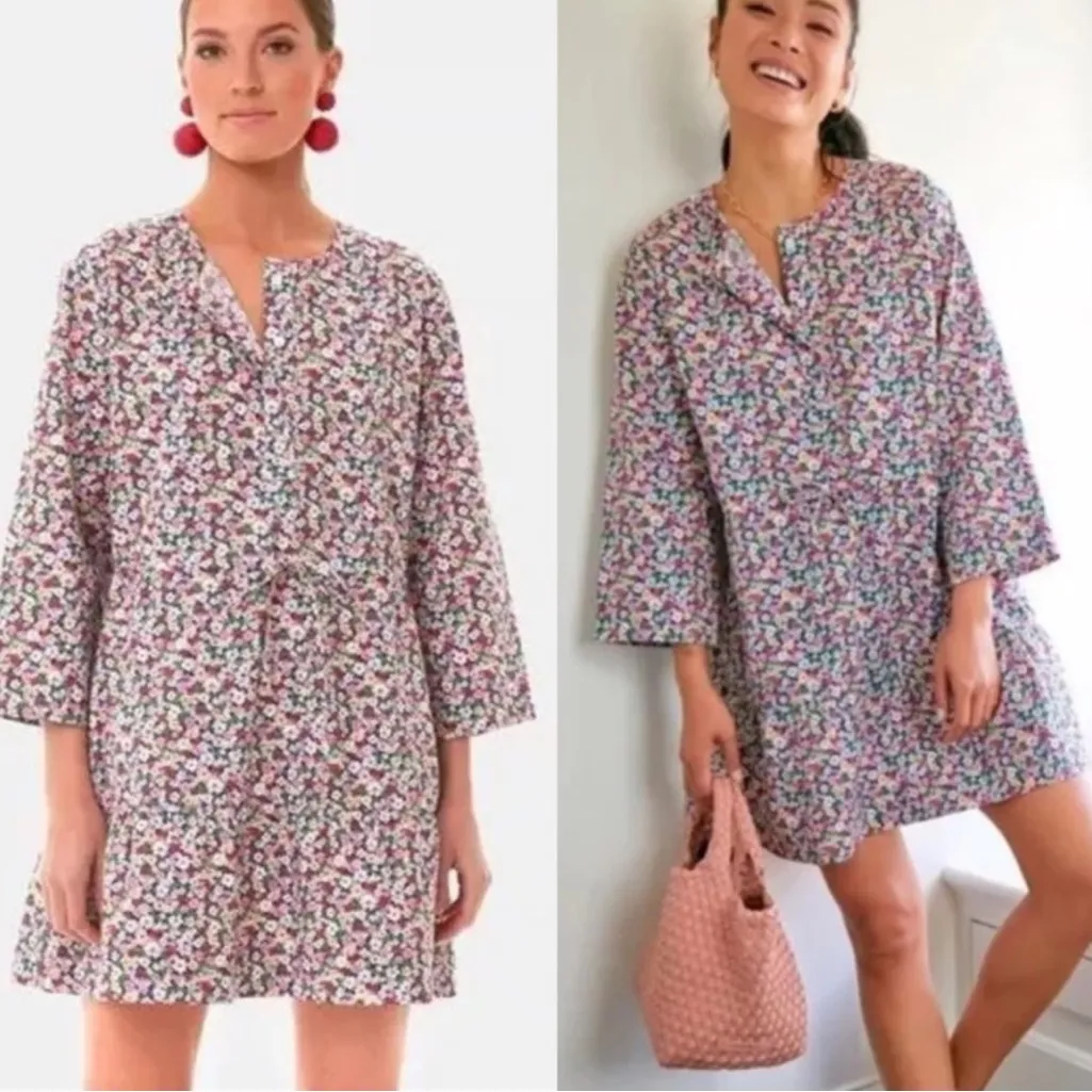 Pomander Place Tuckernuck Floral Tunic Mini Dress Long Sleeve Cotton size medium Blue - Image 2