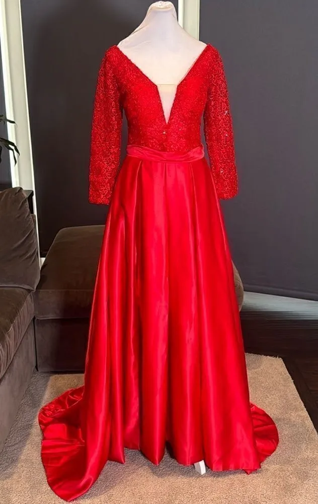 Red Full Length 3/4 Sleeve Sparkly Bodice Formal Prom Dress LegSlit Size 4 *READ - Image 1