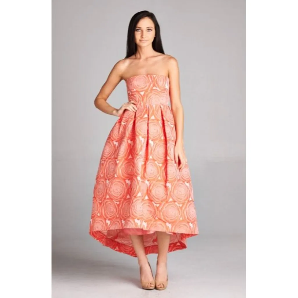 Rubber Ducky Floral Rose Ball Gown M Coral Orange Strapless High Low Zipper - Image 8