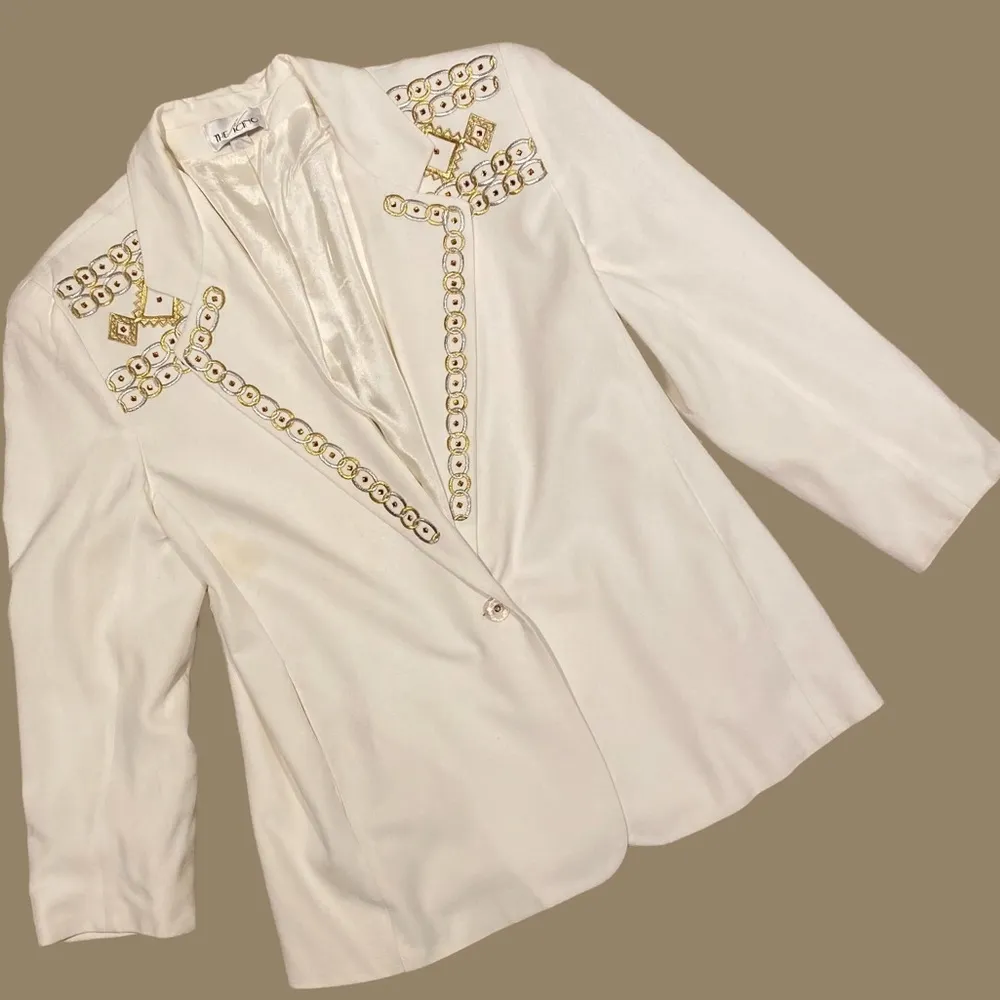 Vintage Embroidered Embellished Off White Oversized Blazer Size Large - Image 5