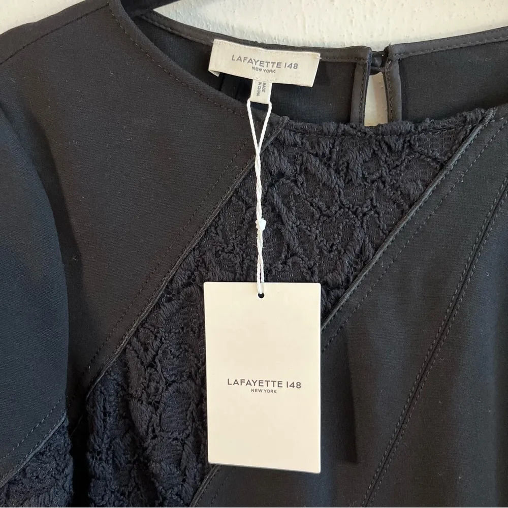 Lafayette 148 Dress Black 3/4 Sleeve Embroidered Lace Cut Outs Mini Sz M NWT - Image 4