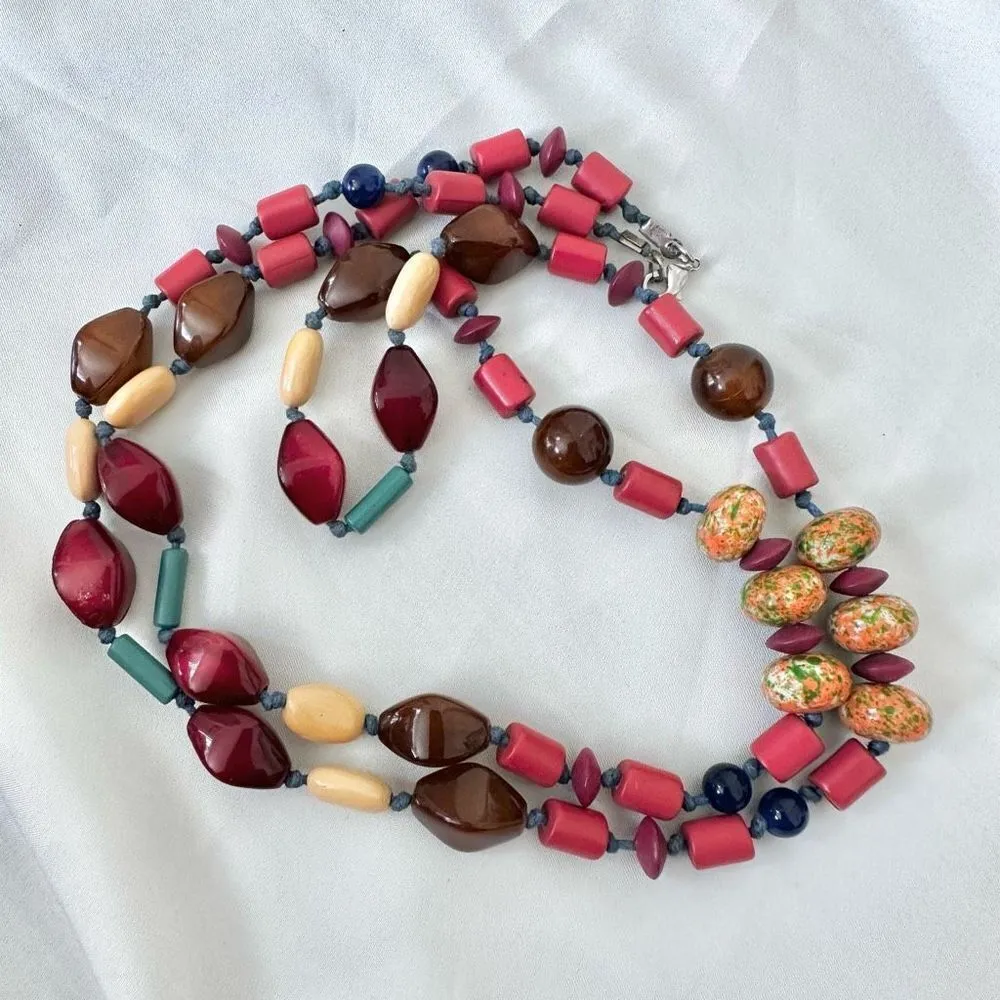 Red orange and blue long beaded necklace - Image 7