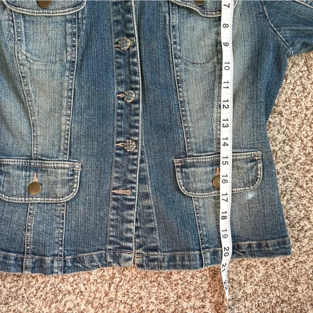 Live a Little Denim Jean Jacket Casual Spring Embroidered Beaded Medium - Image 7