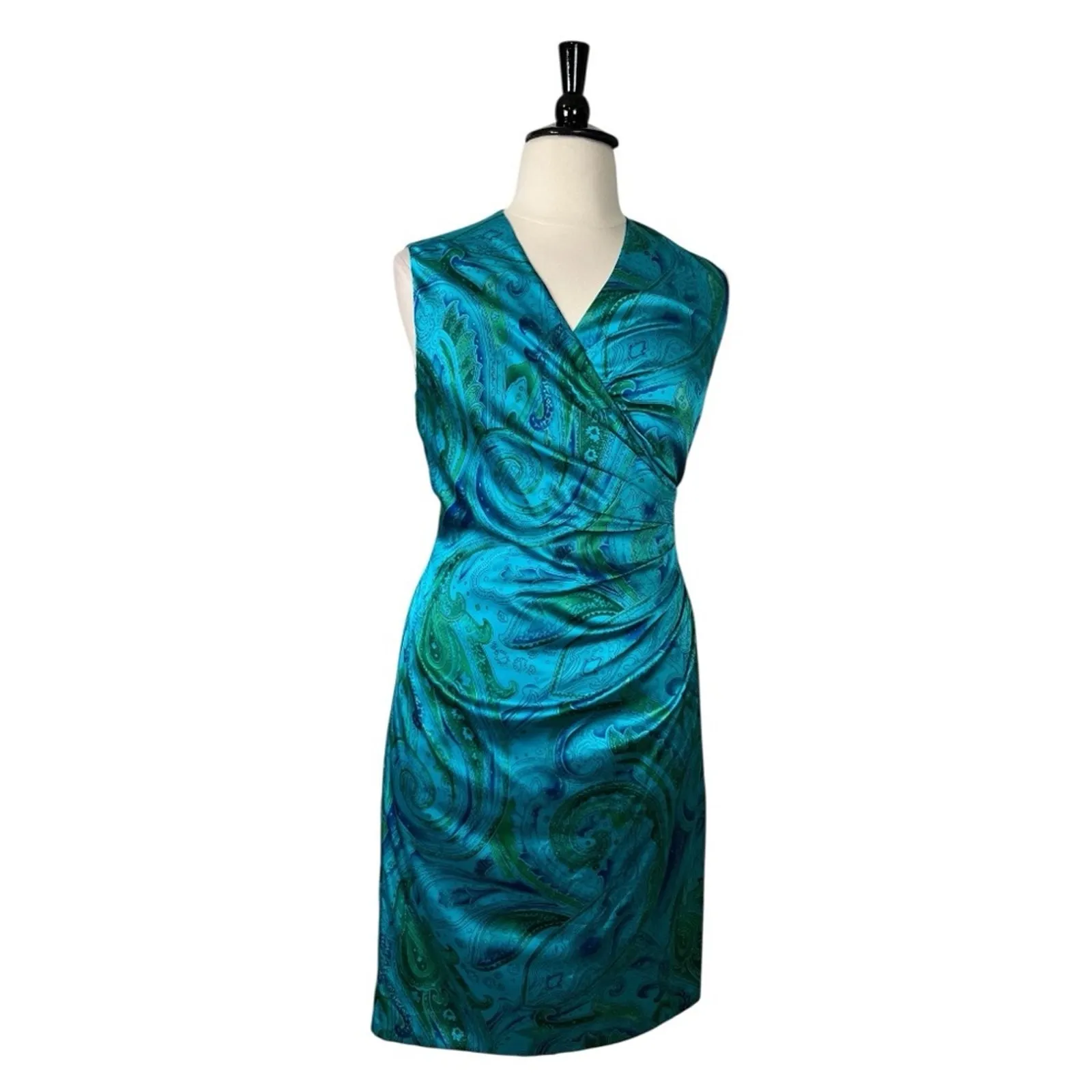 Lauren Ralph Lauren Dress Satin Wrap Top Ruched Teal Paisley Women’s Size 14 - Image 14