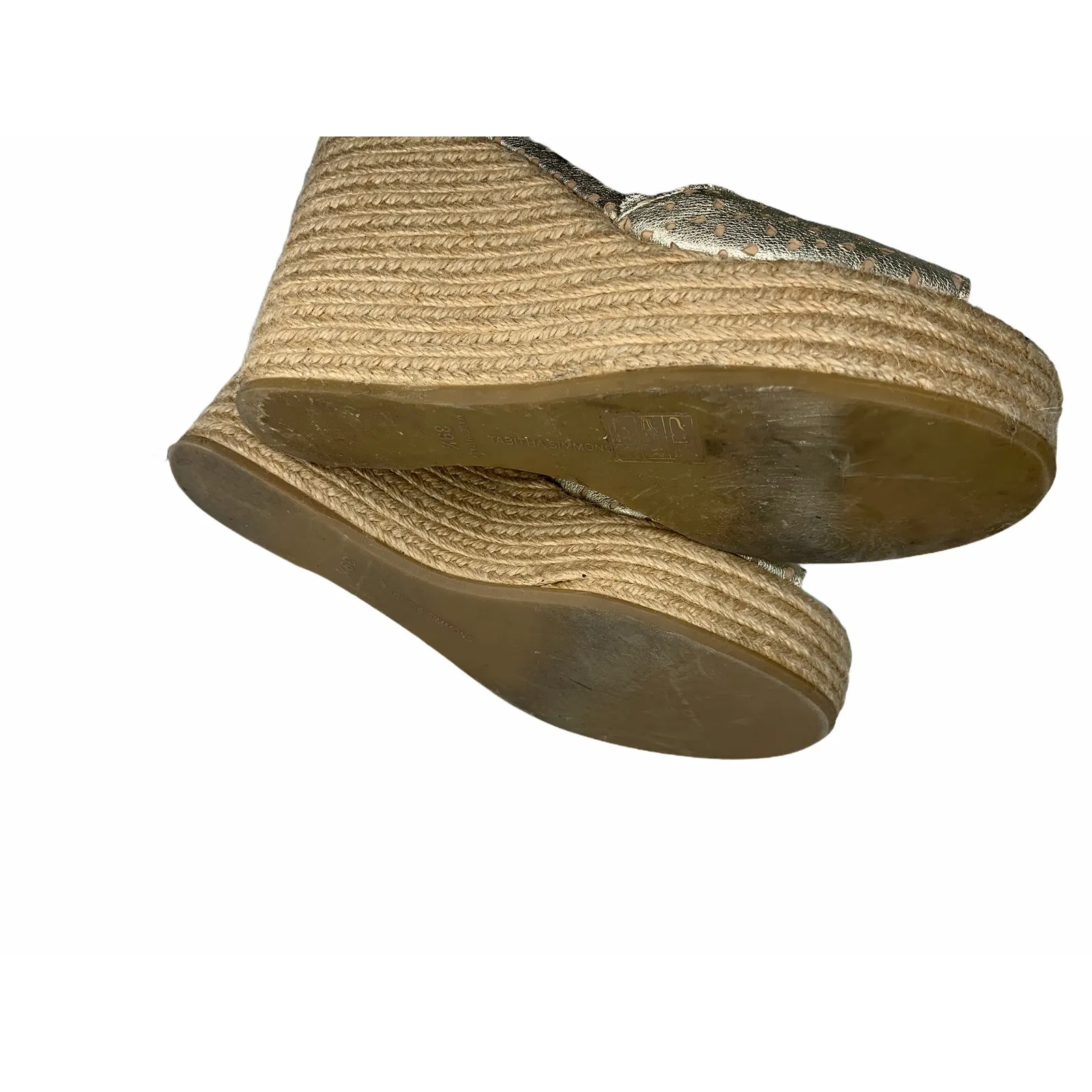 Tabitha Simmons Harp‎ Perforated Scalloped Wedge Gold Size 8.5 - Image 6