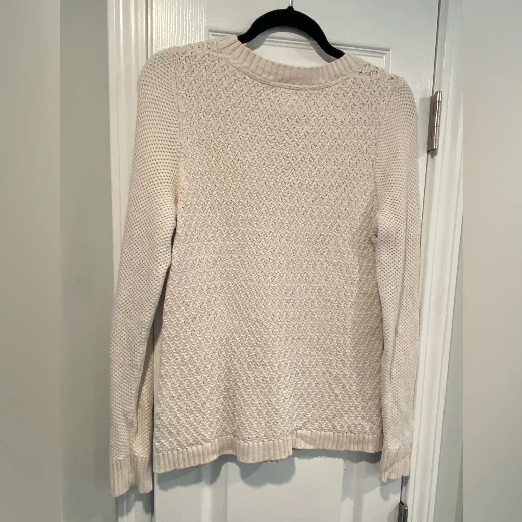 L.L. Bean Size S Cream Cotton Waffle Knit Long Sleeve Crew Neck Pullover Sweater - Image 6