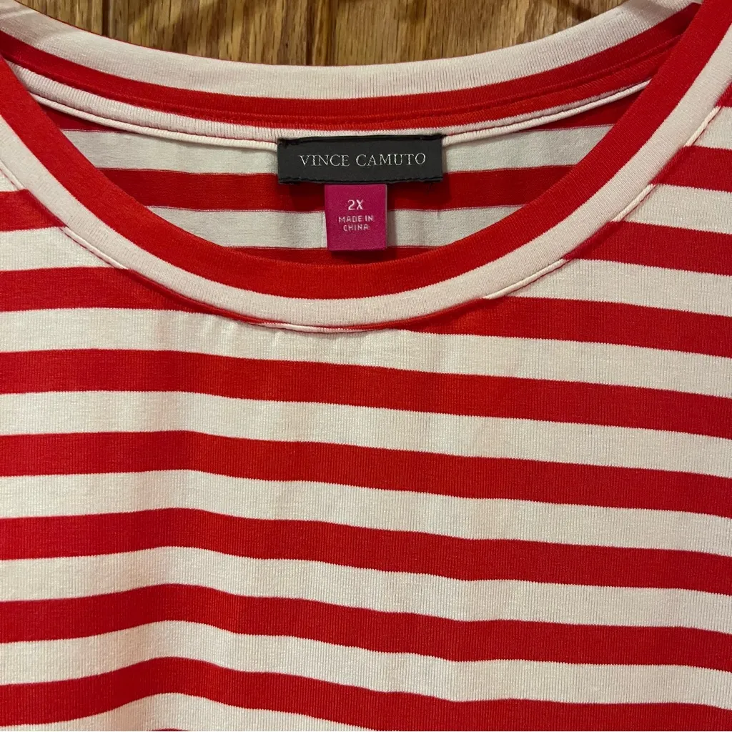 Vince Camuto Short Sleeve Crew Neck Stripe Tee in Tulip Red & White Plus Size 2X - Image 9