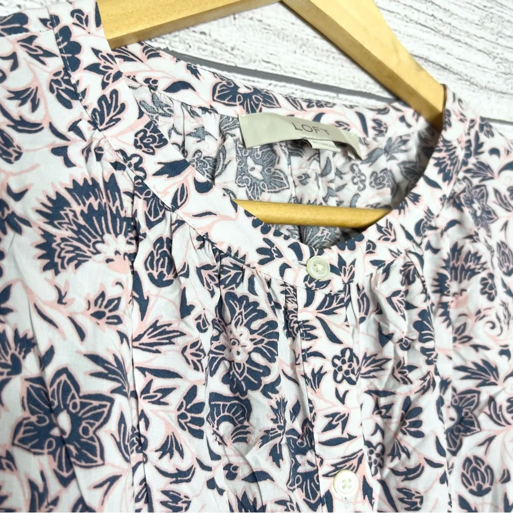 Ann Taylor LOFT Pink & Gray Floral Button Front Belted A-Line Dress Size Medium - Image 4