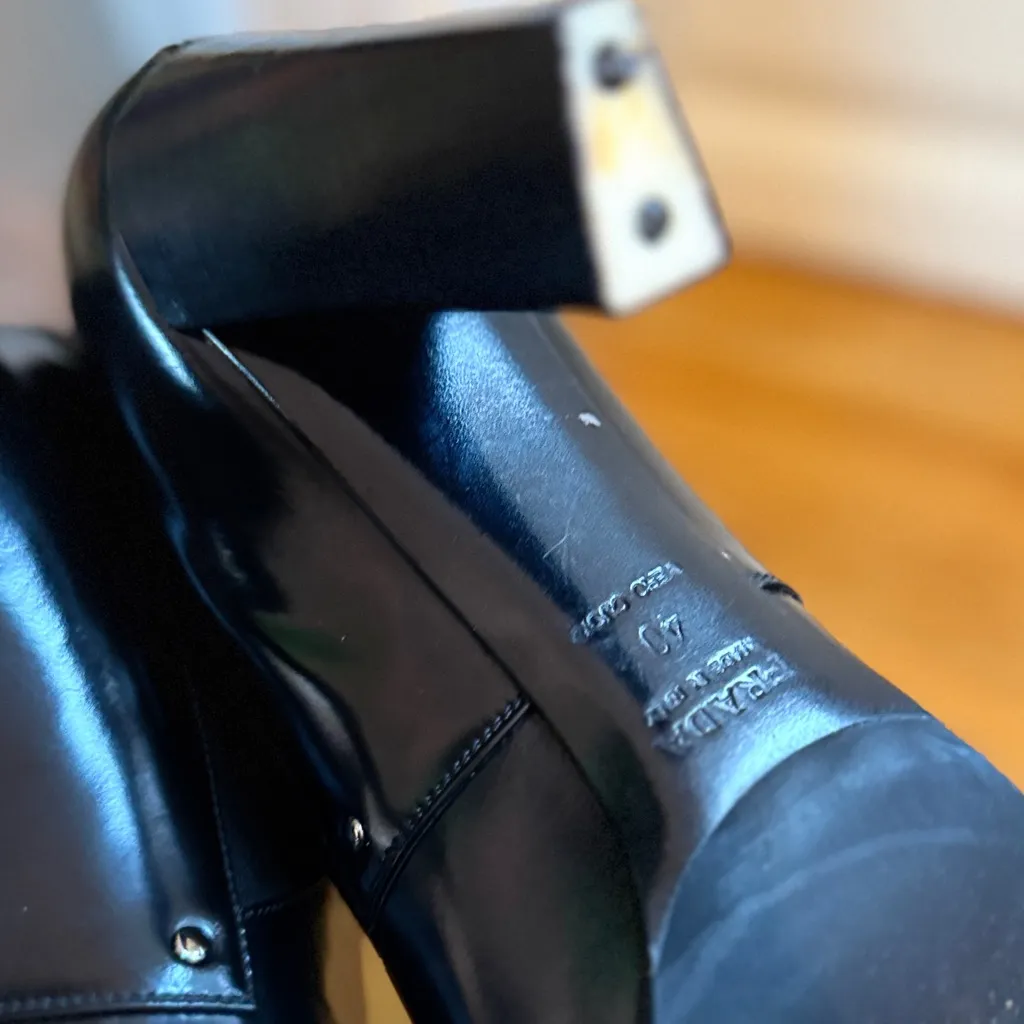 PRADA Women’s Black Leather Pointer Toe Heeled Ankle Boots Size 10 - Image 6