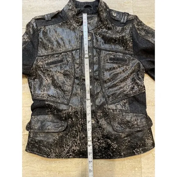 H & D collection distressed Denim cotton and leather women Moto‎ jacket Sz M Black Size M - Image 6