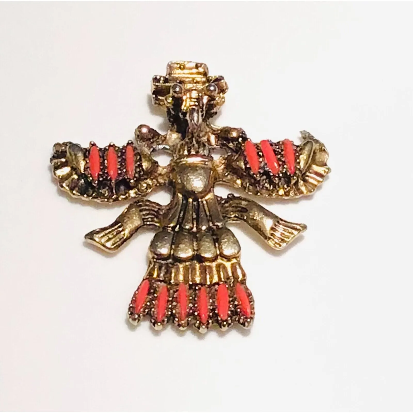 Coral Jeweled Gold Totem Pendant Amulet Spread Eagle Wings 2.25" Southwest Vtg - Image 2