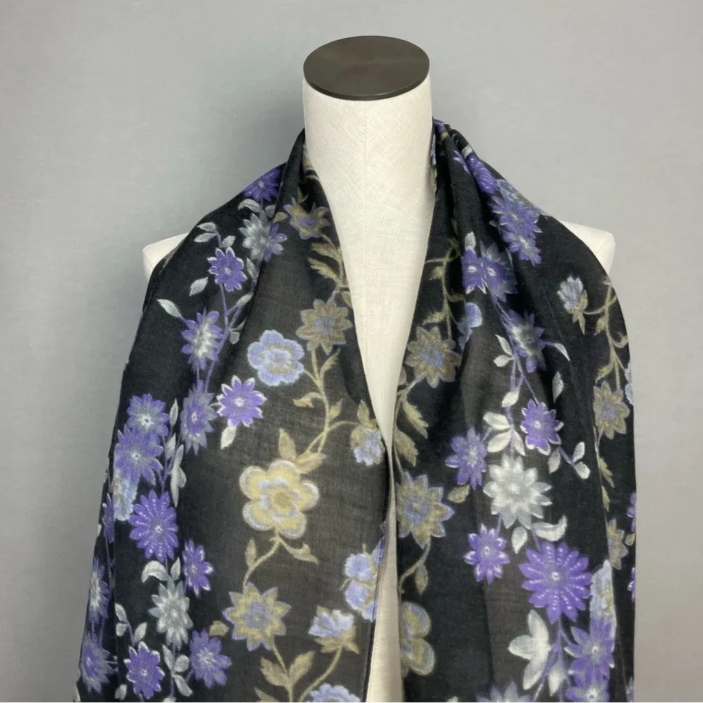 Vivante Scarf Floral Gray Gauzy Viscose Wool FLAWS NWT Raw Edge‎ Fringe Boho - Image 3