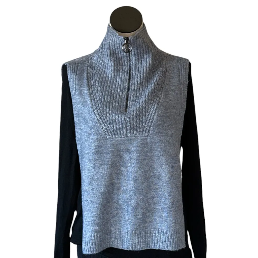 NWT DKNY Mock Neck Sleeveless Zip Neck Bib Rib Scarf Vest Gry M/ L - Image 9